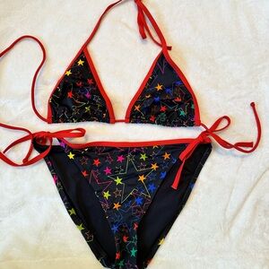 Colorful Star Print Bikini with Red Trim